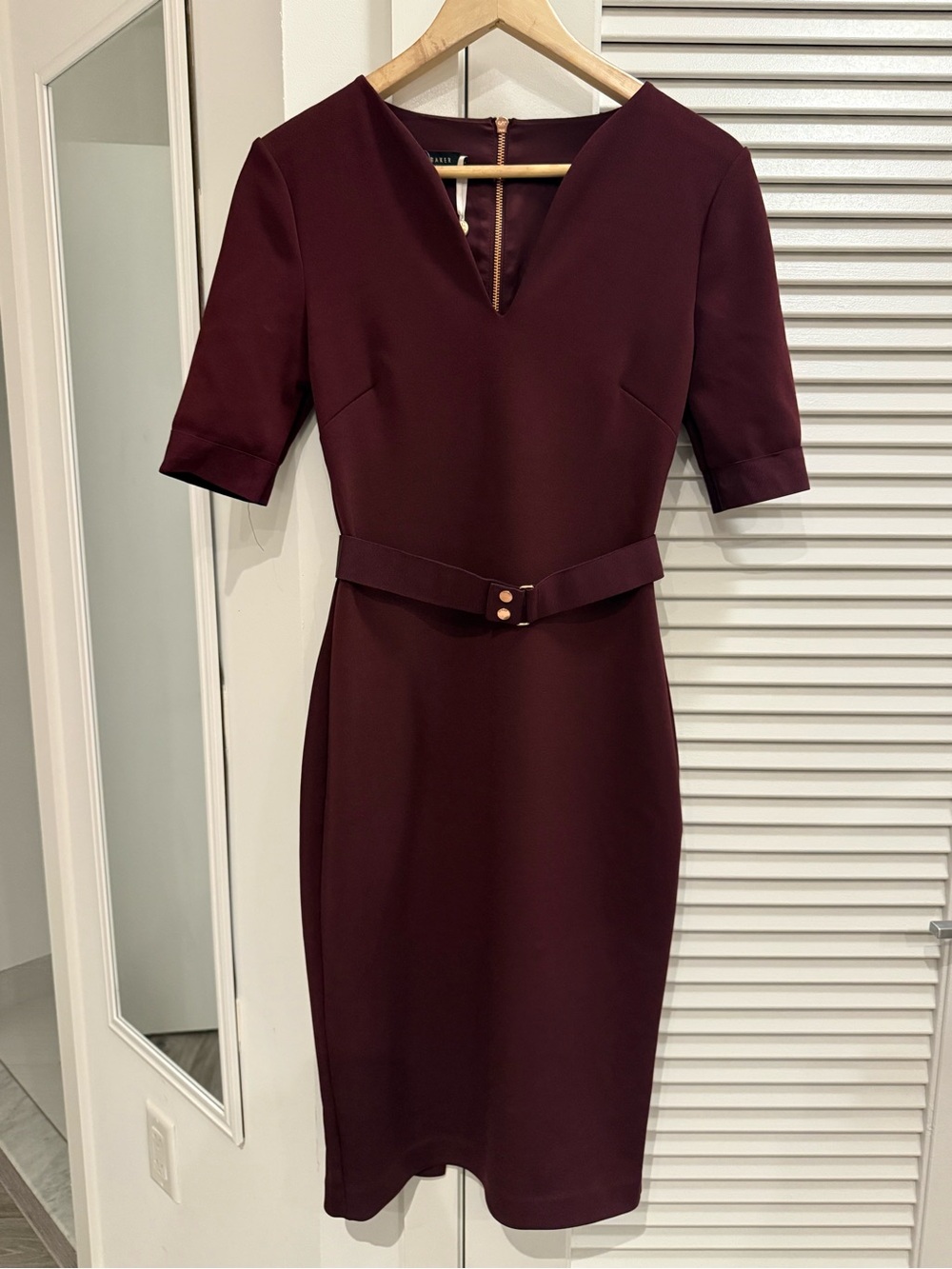 Ted Baker Burgundy V-Neck Midi Sheath Dress with Belt
